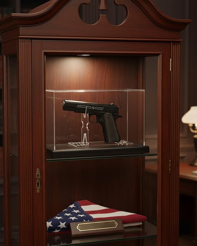 Premium Acrylic Pistol Display Case with Solid Wood Base & Clear Pistol Stand - UV Protection, Dustproof Gun Display Box for Collector Handguns, 1911, Glock and Memorabilia (11" x 4.2" x 6.7")