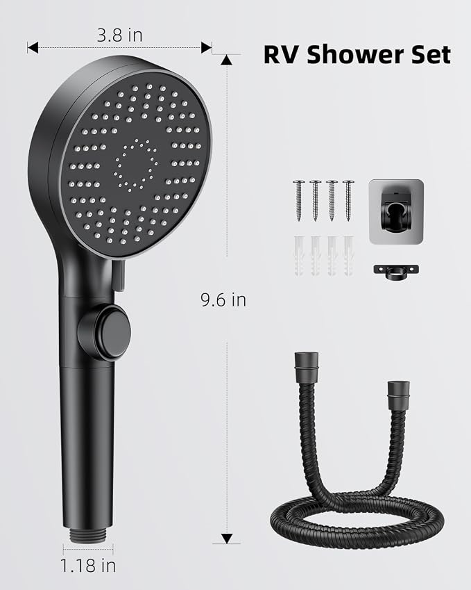 RV Shower Head with Stainless Steel Hose, 5 Mode High Pressure Shower Head with Handheld On Off Switch, Camper Shower Head Replacement for RV, Travel Trailer, Motorhome, RV Accessories Part, Black