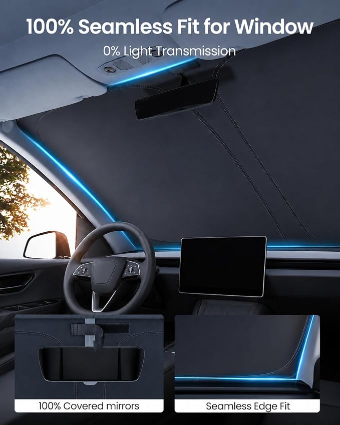 REEVAA 2026 3rd Pro Windshield Sunshade for Tesla Model Y/3 2019~2026 | Size (56 × 36 Inches) | Dual-Layer Heat & Sun Defense, OEM Design | Foldable Sun Shade Car Accessories with Storage Bag