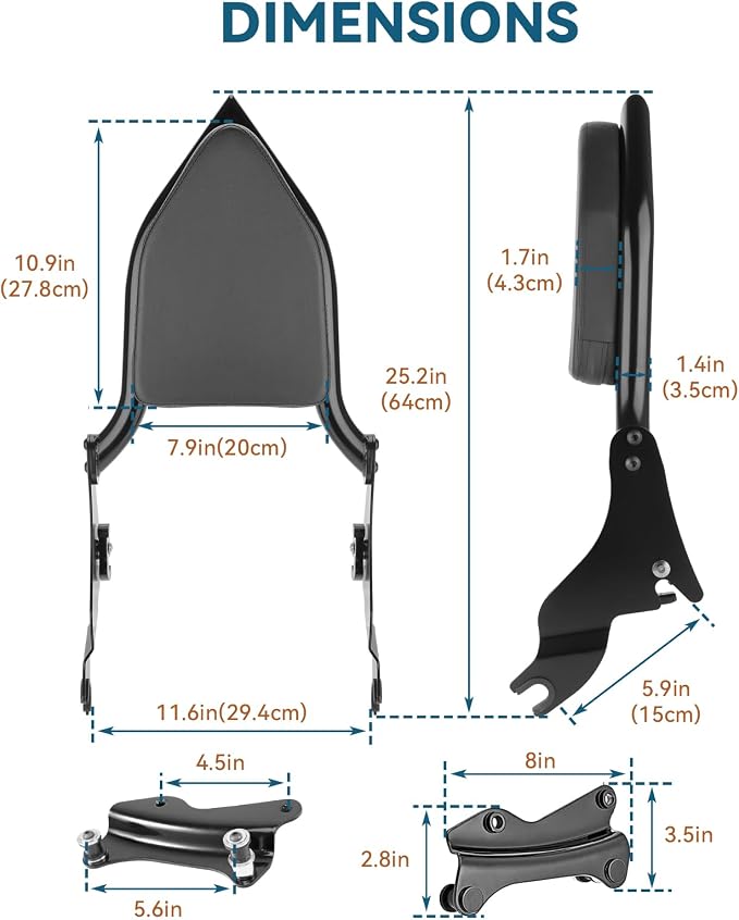25'' Sissy Bar, Backrest Passenger with 4-Point Docking Hardware Kit, Detachable Back Pad Free Removable for Harley Davidson Touring Street Glide Electra Glide Road Glide Road King 2014-up