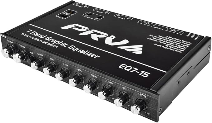 PRV AUDIO EQ7-15 7 Band Graphic Equalizer 15 Volt RCA Line-Level Output with Fader and Subwoofer Level Control for Car Audio