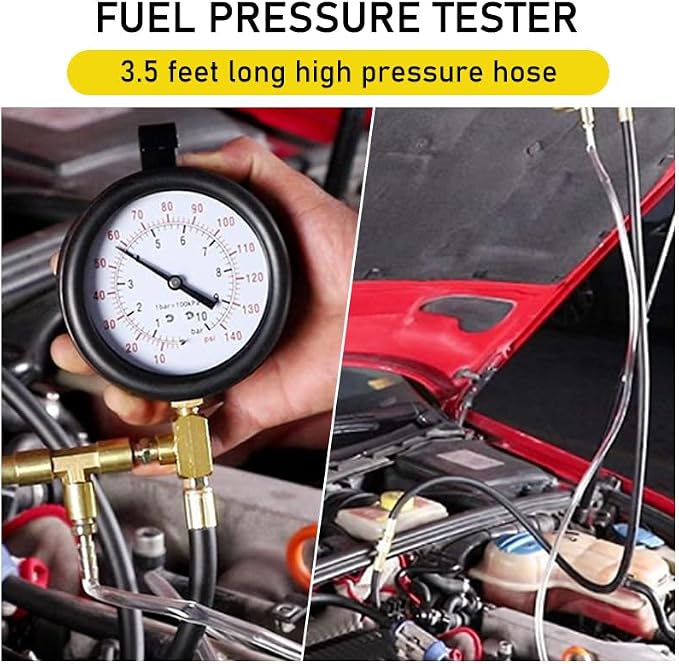 Yonligonju Fuel Injection Pressure Tester Kit 0-140 PSI Pro Auto Fuel Pressure Gauge for Fits Most Cars and Trucks