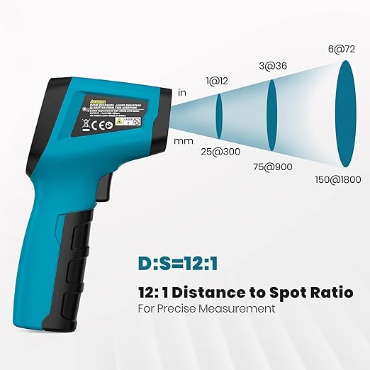 Tilswall Infrared Thermometer, Laser Temperature Gun, -50°C~600°C (-58F~1112F)with Adjustable Emissivity, for Cooking/Pizza Oven/BBQ/Vehicle Repair, Meat Thermometer included, Not for Human(blue),W301
