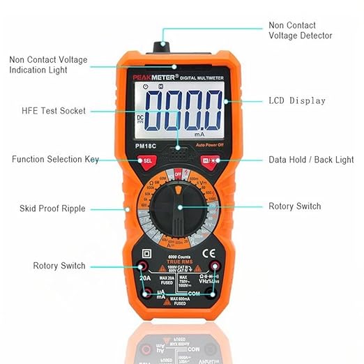 PM18C High Performance Digital Multimeter with AC/DC Voltage, Current Measurement Electrical Tester with 6000 Counts Orange Cover