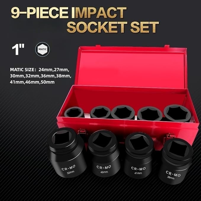 TONYNOL 1" Inch Drive Deep Impact Socket Set,9 Pieces,6-Point,Metric Sizes(24mm,27mm,30mm,32mm,36mm,38mm,41mm,46mm,50mm),Cr-Mo Steel