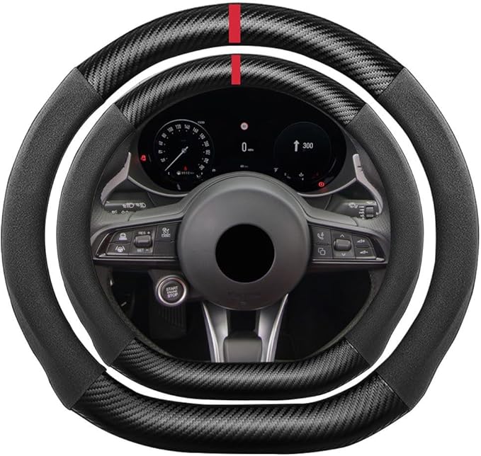 D Shape Suede Carbon Fiber Steering Wheel Cover, Compatible with Alfa Romeo Giulia Stelvio 15 inch Flat Bottom Soft Suede Touch Leather Sport Non-Slip Automotive Interior Accessories