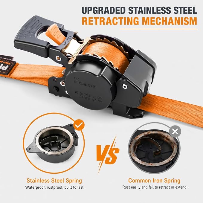 Retractable Ratchet Straps (4-Pack) - 1 Inch x 10 Feet (1,764lb Break Strength) - Heavy Duty Auto Self Retracting Tie Down Straps for Truck, Cargo Trailer, Motorcycle, ATV, UTV – Orange