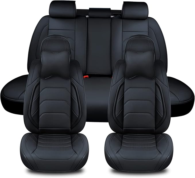 TIEHESYT Black Car Seat Covers Full Set, Breathable Leather Automotive Front and Rear Seat Covers & Headrest for Comfortable Driving, Universal Auto Interior Fit for Most Kinds of Vehicles, Cars