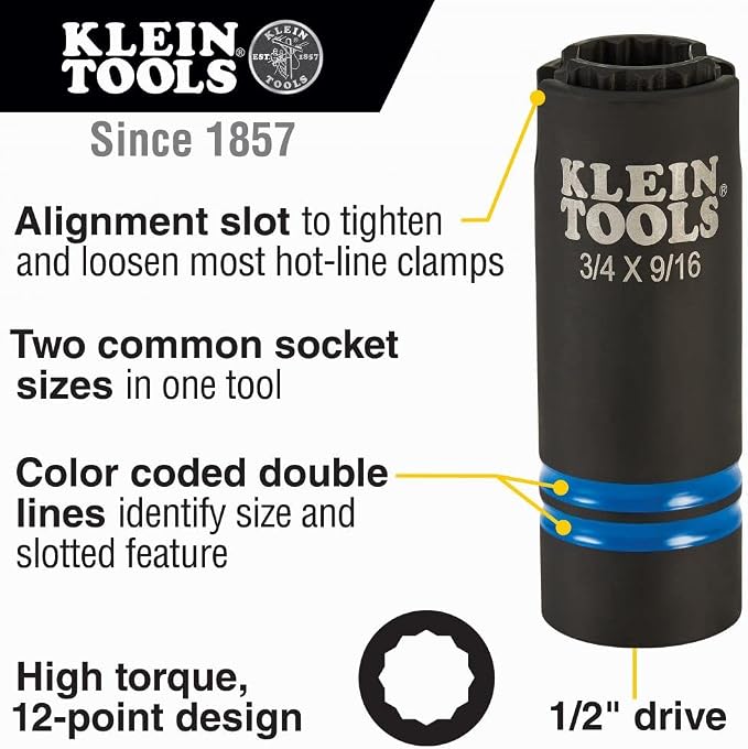 Klein Tools 66031 3-in-1 Slotted Impact Socket, 12-Point Deep Sockets, Coaxial Spring Loaded, 3/4 and 9/16-Inch Hex Sizes, 1/2-Inch Drive & Stanley Proto J7121 1/2" Square Ext, 7/16" Hex