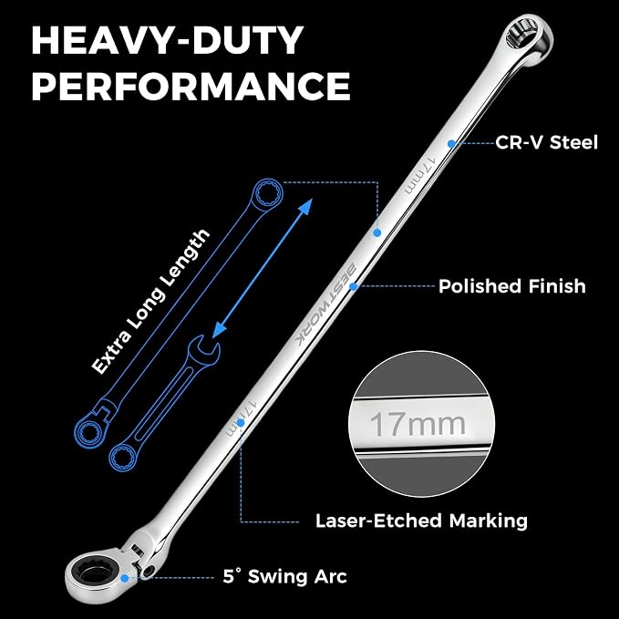 Extra-Long Flex Head Ratchet Wrench & 19 Pcs 3/8" Low Profile Impact Socket
