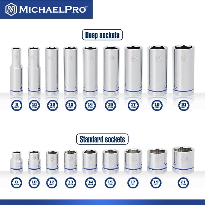 MichaelPro MP001228 19-Piece 3/8-Inch Drive Flex Head Ratchet and Socket Set, Reversible with Quick Release, No Popular Sizes Skipped