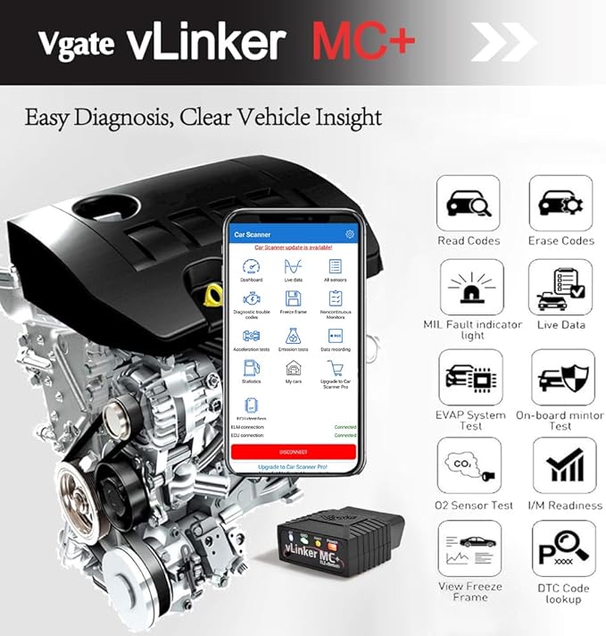 Vgate vLinker MC+ Bluetooth OBD2 Car Diagnostic Scan Tool for iOS, Android, Windows