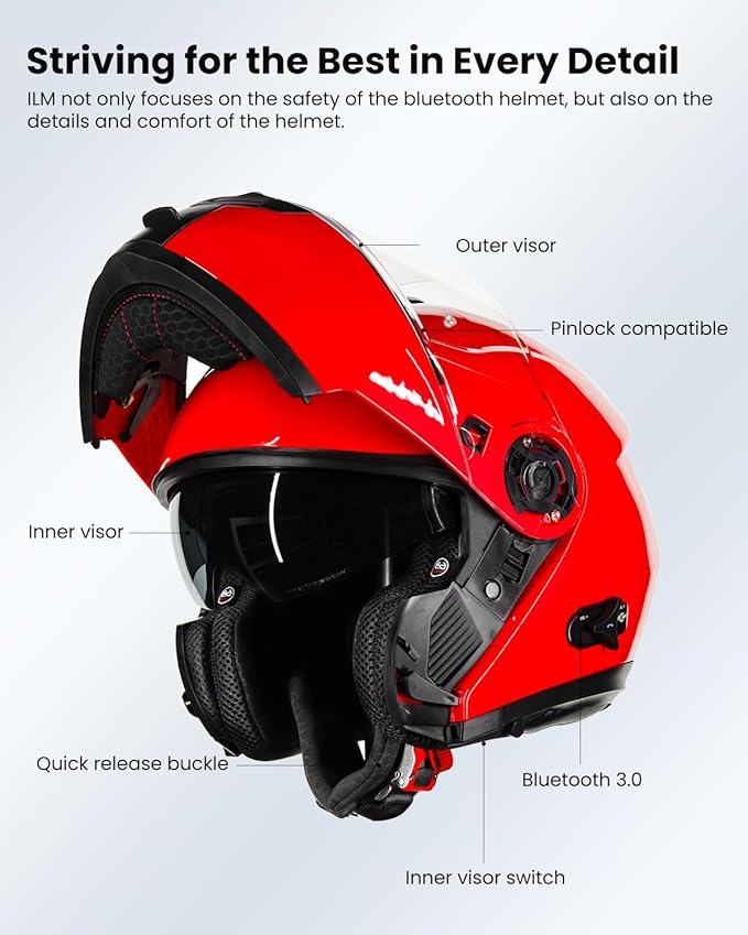 ILM Bluetooth Motorcycle Modular Helmet 2-3 Riders Intercom Flip up Full Face Helmet with Dual Visor DOT Model 159BT (Red, XL)