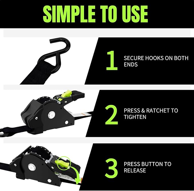 Retractable Ratchet Straps, 4-Pack, 1 Inch x 12 Feet, 1,760lb Break Strength, Self Retracting Tie Down for Truck, Cargo Trailer, Motorcycle, ATV, UTV (Black, 4pack)