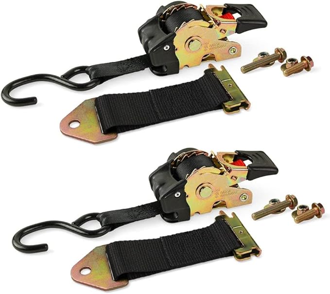 DC Cargo Mall Retractable Ratchet Straps - E-Track and Bolt-On Mounting Options (2 Pack) 1" x 6' - 4,000lbs Break Strength Heavy Duty Auto Self Retracting Tie Down Straps