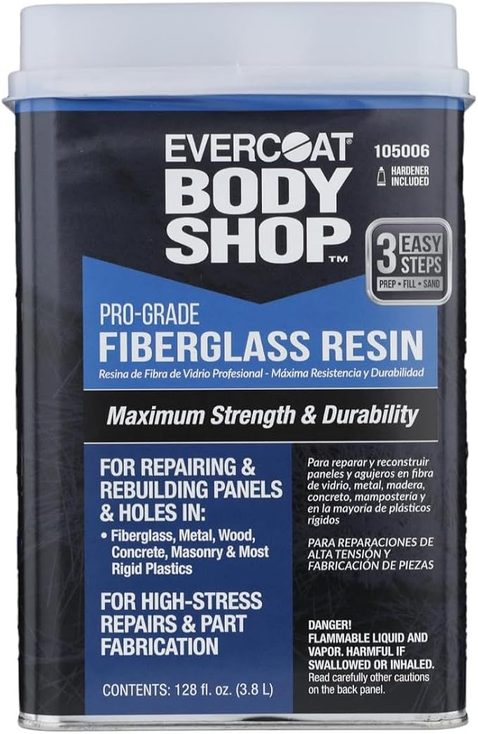 Evercoat Body Shop 105006 Pro-Grade Fiberglass Resin for Repairing and Rebuilding Panels & Holes in Fiberglass, Metal, Wood & More, Easy Mix Hardener Included 128 Fl Oz.