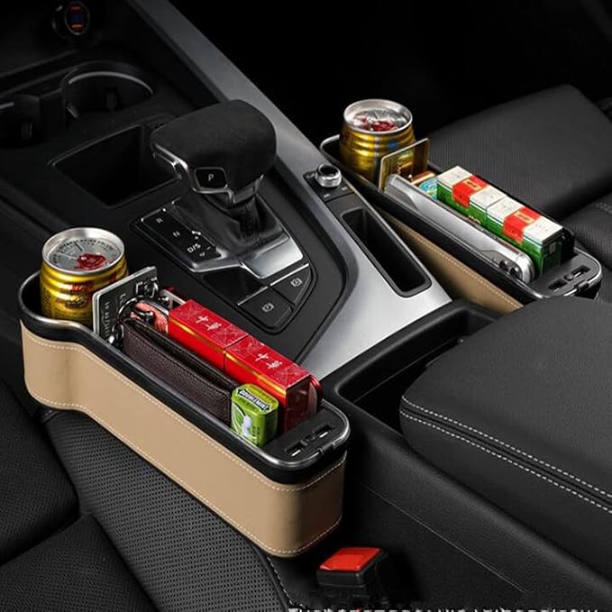 Tumecos Car Seat Gap Organizer with Light Multifunctional with Small Cup Holder Car Seat Organizer Car Seat Gap Filler with 2 USB Super Fast Charge Ports(Beige, Driver and passenger’s side)