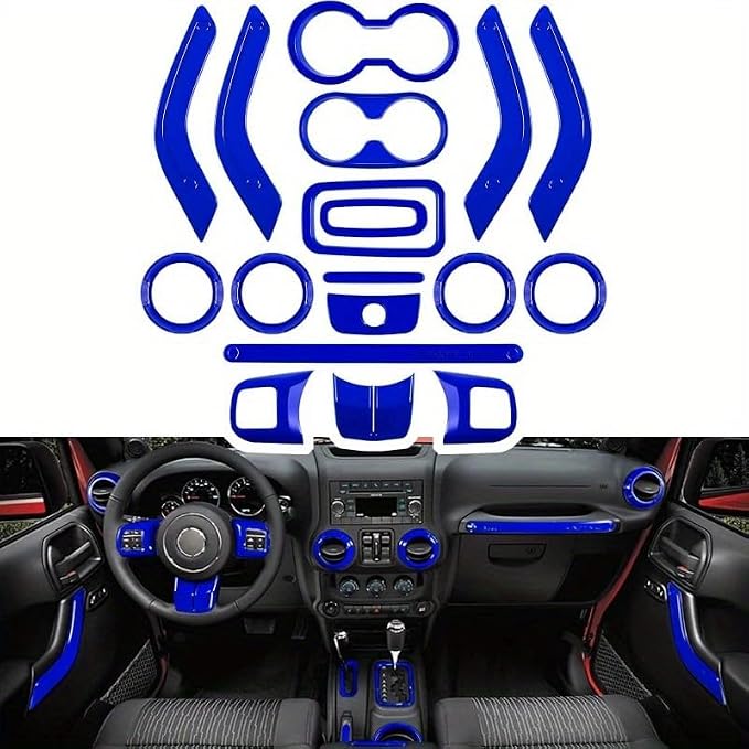 18 PCS Full Set Interior Decoration Trim Kit Steering Wheel Center Console Door Handle Air Conditioning Vent Cup Holder Gear Cover Trim for Jeep for Wrangler JK JKU 2011-2018 4-Door (Red) (Blue)