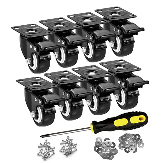 2" Caster Wheels Set of 8, Heavy Duty with Brake | No Noise, Locking, Polyurethane (PU) Wheels, Swivel Plate, Black, Pack of 8