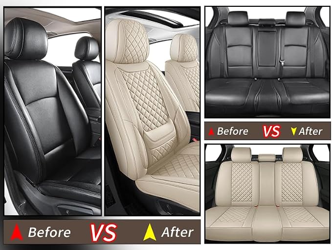 Leather Car Seat Covers Full Set Breathable Automotive Seat Covers Waterproof Seat Protectors Fit for Most Automotive Cars SUV Trucks Vehicle (Beige, Full Set)