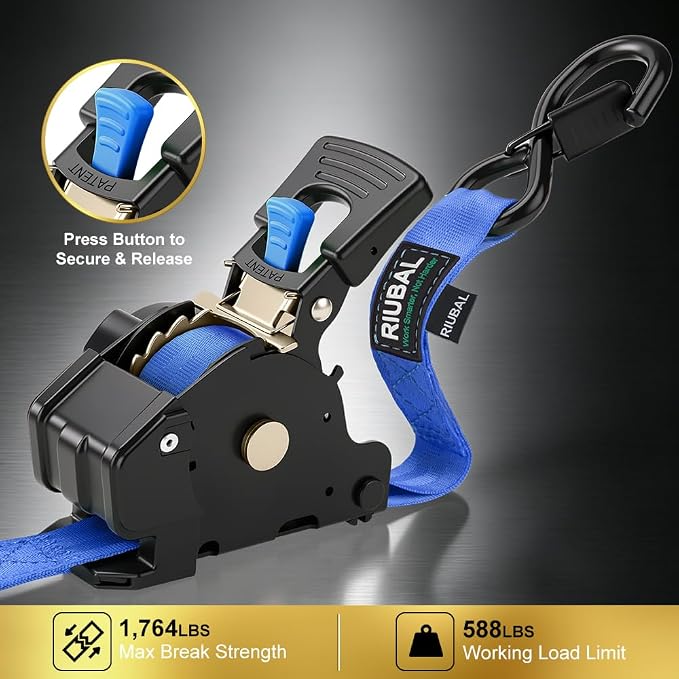 Retractable Ratchet Straps (4-Pack) - 1 Inch x 10 Feet (1,764lb Break Strength) - Auto Self Retracting Tie Down Straps Heavy Duty for Motorcycle, ATV, UTV, Truck, Cargo Trailer – Blue
