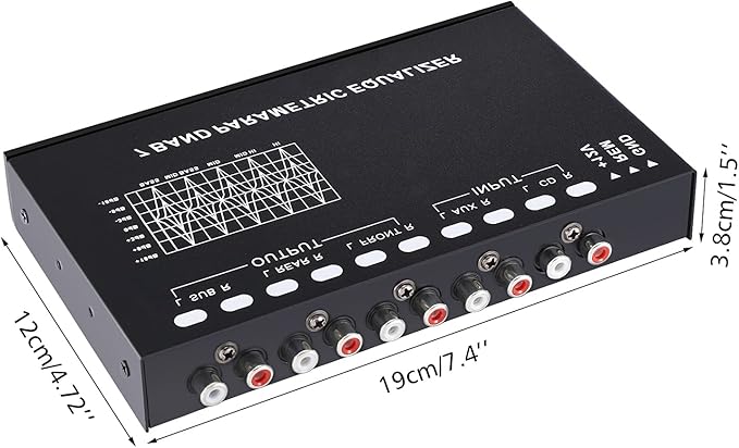 Facmogu 7-Band Car Audio Equalizer, Adjustable 7 Bands EQ Car Amplifier Graphic Equalizer with CD/AUX Input Select Switch, Front/Rear + Sub Output, for Boat RV RTV Motorcycle Car Stereo Tone Control