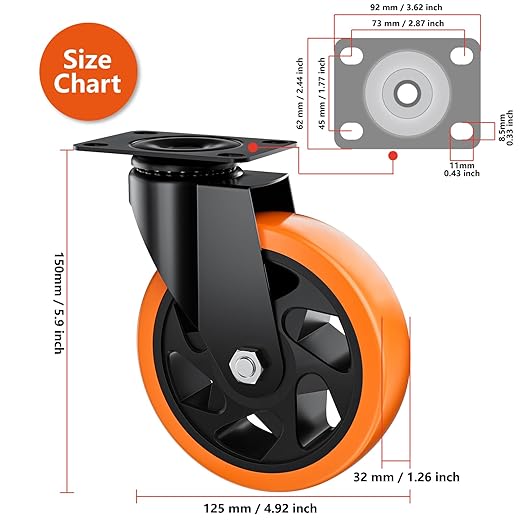 5" Swivel Plate Casters Set of 4 Heavy Duty 1400 lbs | Orange PU, Non-Marking, Quiet. 1400 Lbs/4 Casters. No Brake - Continuous Rolling. Black Rustproof Bracket. Workshop, Garage