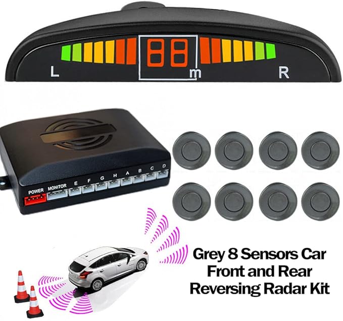 Riloer Car Front and Rear Security Reversing Radar Kit, LED Display Buzzer Alarm 8 Sensor Front and Rear Parking Sensor Prompt for Cars (Grey)