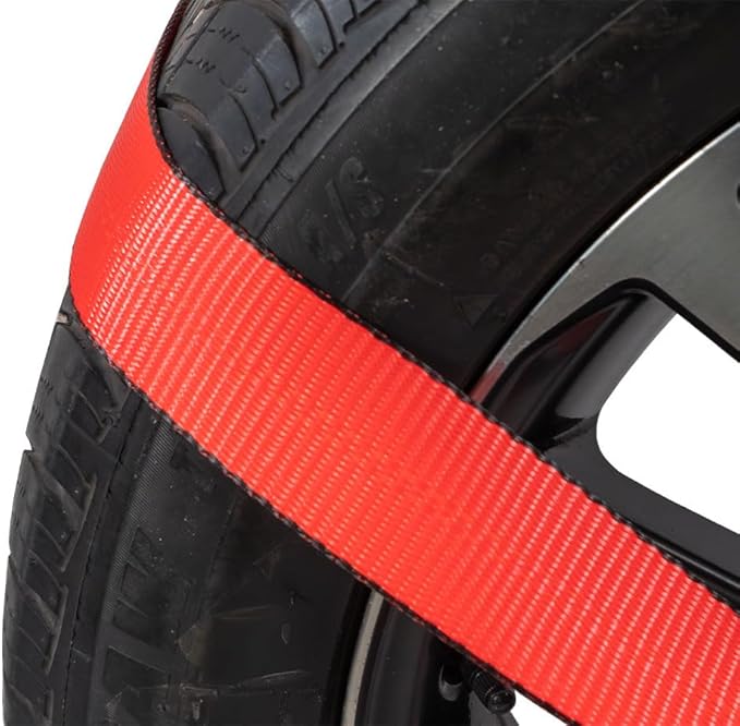 Mytee Products 8 Pack 2" x 120" Car Tie Down Straps for Trailer with Flat Hook - 3333 LB WLL Red Lasso Style Tire Straps for Car Trailer with Ratchets - Vehicle Tie Down Wheel Straps for Hauling Cars