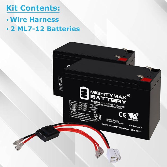 Mighty Max Battery Extended Range Drop in Replacement for 12v Razor Scooter ride on toy 7ah battery kit and harness