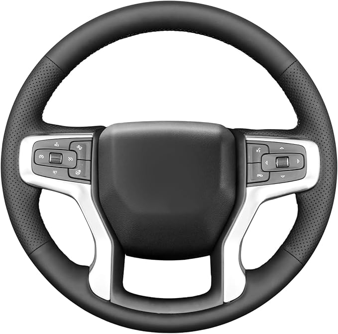 Leather Carbon Fiber Steering Wheel Cover for Chevrolet Blazer Silverado (1500) 2019-2025 / Silverado (2500/3500) 2020-2025/ Suburban Tahoe 2021-2024 Custom Stitched Interior Accessories