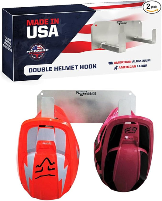 Pit Posse PP125 Dual Helmet Rack Holder Enclosed Race Trailer Garage Shop - Made in USA - Aluminum Storage Organizer Hanger Motorcycle ATV Bike Snowmobile Helmets - Double Utility Hook (Silver)