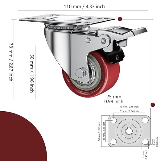 2 Inch Caster Wheels, Casters Set of 4, ASHGOOB Red Polyurethane (PU) Casters with Brake Heavy Duty, Industrial Locking Swivel Top Plate Castor Wheels for Workbench/Furniture/Cart