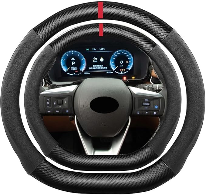 D Shape Suede Carbon Fiber Steering Wheel Cover, Compatible with Infiniti QX60 15 inch Flat Bottom Soft SuedeTouch Leather Sport Non-Slip Automotive Interior Accessories