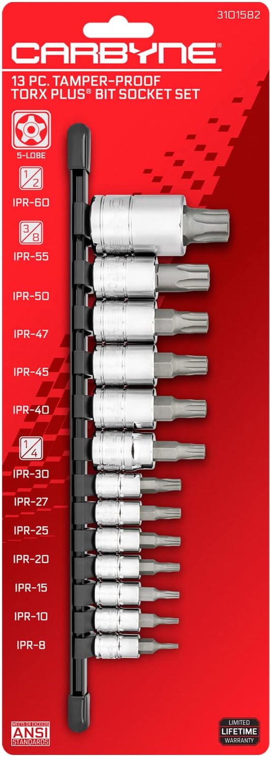 CARBYNE 13-Piece Tamper-Proof Torx Plus Bit Socket Set, 5 Lobe Security, TPR-8/IPR-8 to TPR-60/IPR-60, S2 Steel, CrV Sockets, 1/4 3/8 1/2 in. Drive, Genuine Licensed Torx