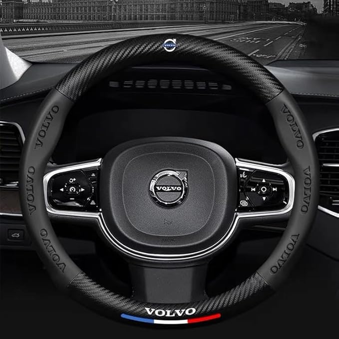 New Compitable with Fit Volvo Leather Steering Wheel Cover,Stylish Nappa Leather Carbon Fiber Texture Protector,Non-Slip,Universal 15inch Compatible with Fit Volvo Accessories (Old-vol)
