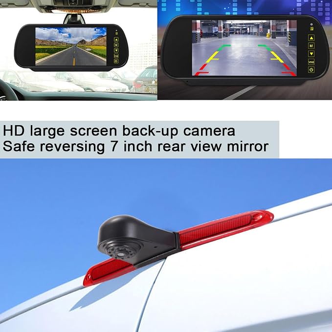 1280 * 720 Pixel Third Roof Brake Lamp Car Backup Camera Replacement for Mercedes Benz W906 W907 W910 316 CDI Sprinter Viano Vito Transit Ducato VW Crafter T5 Master Reverse Parking+7" Reverse Mirror