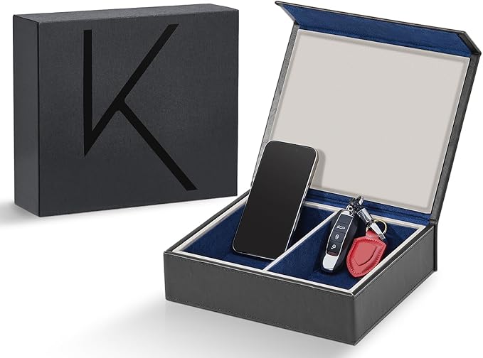 KK7 PLUS-DB Faraday Key Fob Protector Box with 2 Slots, RFID Signal Blocking Shielding Box for Car Keys, Anti-Theft Vintage Faraday Cage with High-Grade Protein Leather, Black & Blue - Size: XL