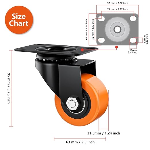 2.5" Swivel Plate Casters Set of 8 Heavy Duty 800 lbs | Orange PU, Non-Marking, Quiet. 800 Lbs/4 Casters. No Brake - Continuous Rolling. Black Rustproof Bracket. Workshop, Garage