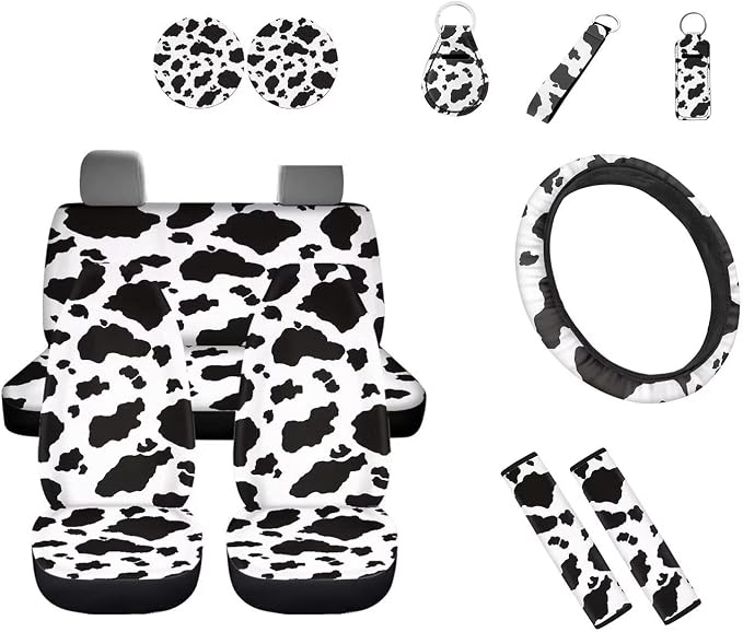12 Pieces White Black Cow Print Car Accessories Car Seat Covers Full Set with Steering Wheel Covers,Seat Belt Pads,Key Ring,Cup Costers,Lipstick Holder Universal Fit for Truck Car