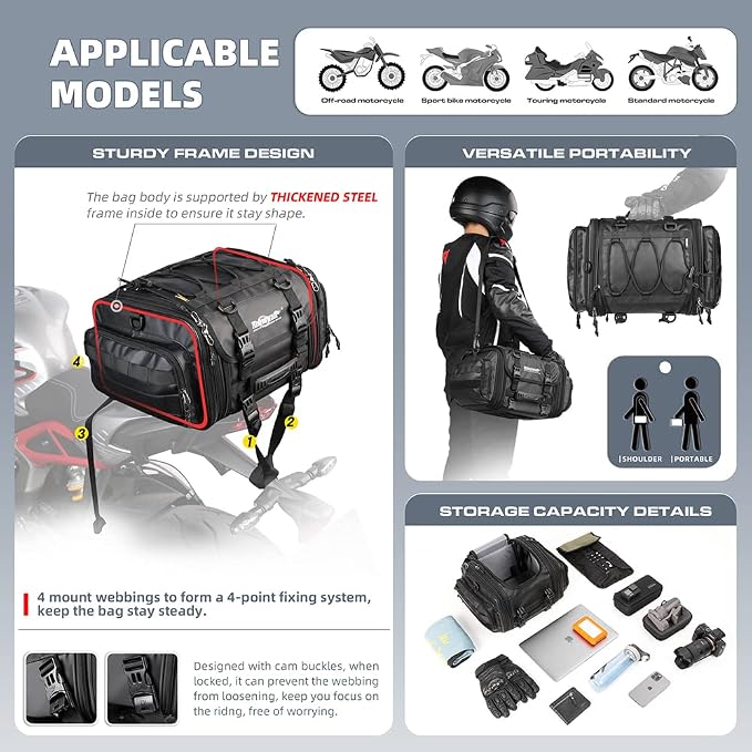 Rhinowalk Motorcycle Saddle Bag Motorbike Tail Bag Waterproof Expandable Pannier Bag Powersports Travel Luggage (Black, 26L)