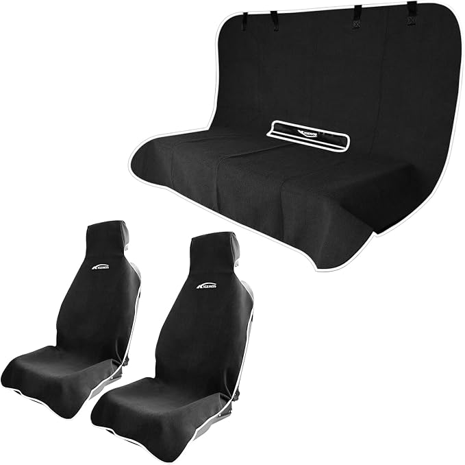 Car Seat Towel Cover Front & Rear Set, Waterproof Sweatproof Non-Slip Seat Protectors – Dual-Layer Microfiber Terry – Universal Fit for Cars, Trucks, SUVs – Embroidered Design (Black, 3 Pack)