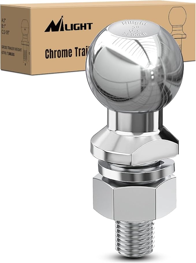 Nilight 2-Inch Diameter Chrome Trailer Hitch Ball, 7,500 lbs, 1 x 2-1/8-Inch Shank Universal Fit,Gray