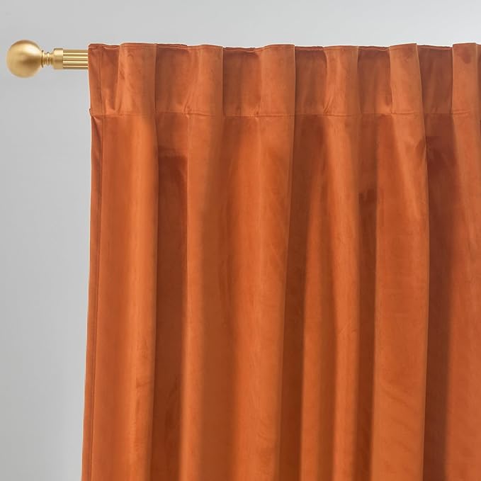 Roslynwood Luxury Soft Russet Orange Velvet Curtains 63 inches Long Back Tab Thermal Insulated Blackout Window Drapes for Living Room/Bedroom/Dining Room, W52 x L63, 2 Panels