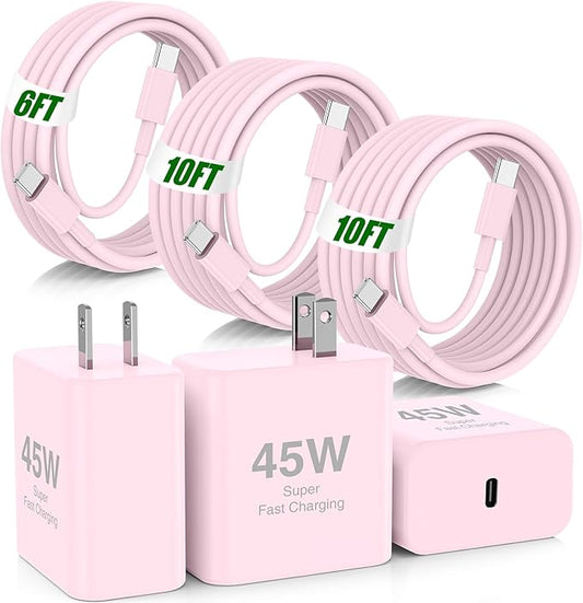 45W iPhone 17 16 Pro Max Charger Fast Charging,3Pack USB C Fast Charger Block with Long 10/10/6FT C to C Cable for Apple 17 Pro Max/16 Pro/15/iPad 13th,PD Quick Adapter 3.2 for iPhone 17-Pink