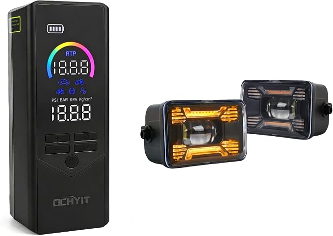 Tire Inflator Portable Air Compressor + F150 Fog Lights with Amber DRL/Turn Signal Rectangular Fog Lights, Upgraded Color LED Screen Air Compressor with Pressure Gauge Auto Shut-off for Car Moto Bike