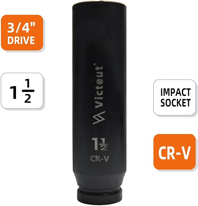 3/4-Inch Drive 1-1/2" Extra Deep Impact Socket, 8-Inch (200mm) Long, 6-Point Truck & Trailer & Tractor Wheel Nut Socket, Heat Treated Cr-V Alloy Steel, One-Piece Forged, No Torque Loss