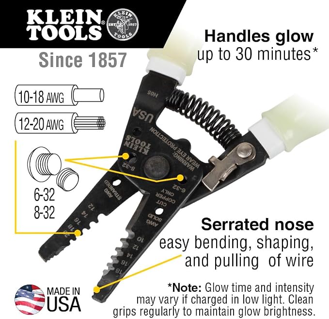 Klein Tools 8-Inch Long Nose Pliers and Wire Stripper/Cutter Bundle with Glow-in-the-Dark Grips