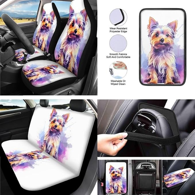 Cartoon Yorkshire Print 13 Pack Car Accessories for Women Cute Watercolor Puppy Dog Seatbelt Pad Armrest Cushion Keychain Cup Holder Coaster Pads Decor Accessory, White