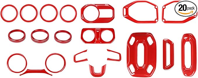 CheroCar Red 20PCS Interior Trim Kit for Jeep Wrangler JL JLU & JT Gladiator 2018-2023,Dashboard,Steering Button Frame,AC Switch,Roof Speaker,Reading Light,Headlight Switch,Rear Air Vent Trim